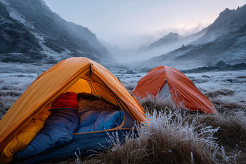 Winter Camp Tent Interior with Lantern Light and Frosted Edges — Clean Header Field
