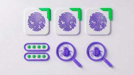 Digital security icons for identity verification and bug tracking, representing cyber safety and data protection.