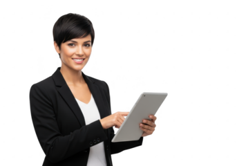 Businesswoman using a tablet isolated on transparent background
