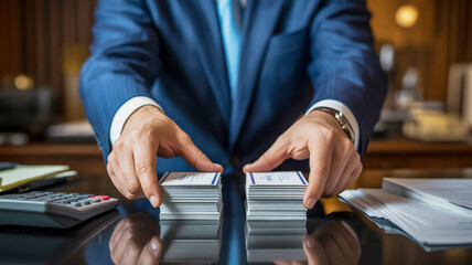 Professional businessman neatly organizing stacks of business cards on a polished desk with a calculator nearby.