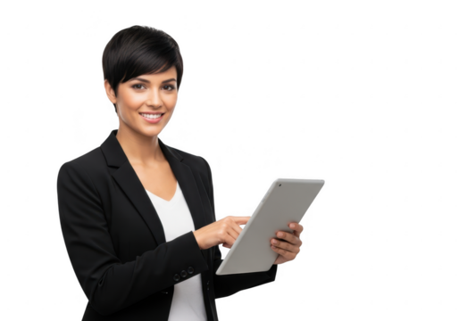 Businesswoman using a tablet isolated on transparent background