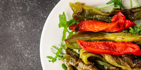 Grilled pepper salad roasted vegetables bbq meal tasty snack fresh delicious gourmet food background on the table rustic food top view copy space keto and paleo diet vegan and vegan food