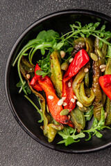 Grilled pepper salad roasted vegetables bbq meal tasty snack fresh delicious gourmet food background on the table rustic food top view copy space keto and paleo diet vegan and vegan food