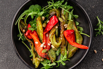 Grilled pepper salad roasted vegetables bbq meal tasty snack fresh delicious gourmet food background on the table rustic food top view copy space keto and paleo diet vegan and vegan food