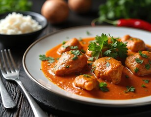 Delicious Indian chicken curry served on plate with rice, parsley garnish. Tender meat in rich, creamy tomato sauce with spices. Tasty, homemade, healthy meal for lunch dinner, presented on black