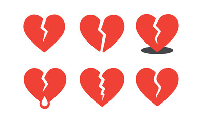 vector colorful filled icons heart reaction (broken heart): crack line separated halves shadow smear drip dot jagged edge tear line.