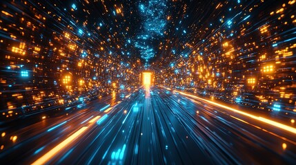 Digital Tech Tunnel with Glowing Lights and Futuristic Vibe 