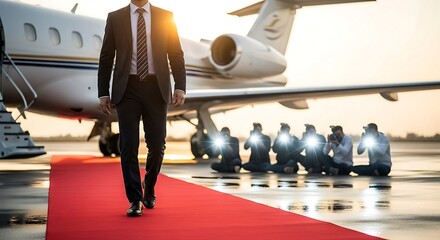 Businessman Walking Red Carpet to Private Jet, Paparazzi Flashing Cameras, Luxury Travel, Success, Wealth.