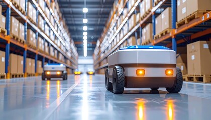 Autonomous delivery robots in a modern warehouse with shelves and boxes, representing automation, logistics, AI, and the future of supply chain
