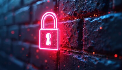 Neon pink padlock glows on dark brick wall, signifying encrypted data transmission, network security. Digital privacy concept with firewall protection. Represents cyber safety, access control, data
