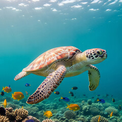 AI-Generated image of a sea turtle swimming gracefully through a vibrant coral reef in crystal-clear emerald waters.