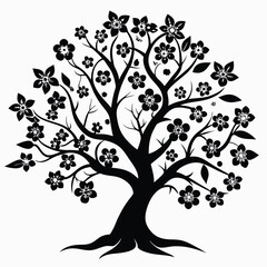 Stylized Black Floral Tree Silhouette Elegant Branches with Blossoms, Artistic Design, Nature Motif, Botanical Pattern