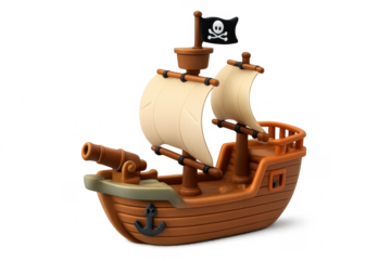 Brown plastic toy pirate ship sailing on transparent background