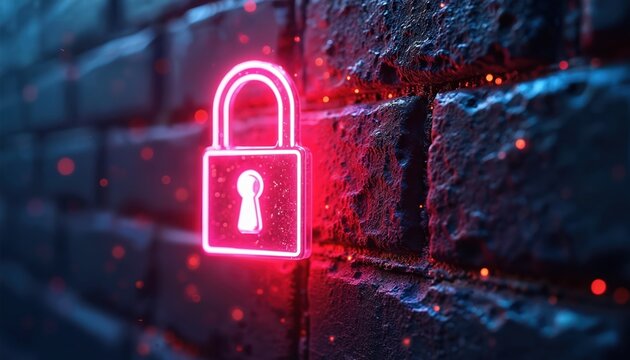 Neon pink padlock glows on dark brick wall, signifying encrypted data transmission, network security. Digital privacy concept with firewall protection. Represents cyber safety, access control, data