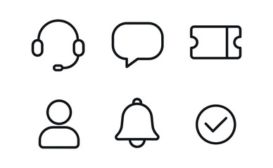 vector outline icons e commerce order management (customer support): headset icon chat bubble ticket icon user silhouette bell checkmark.