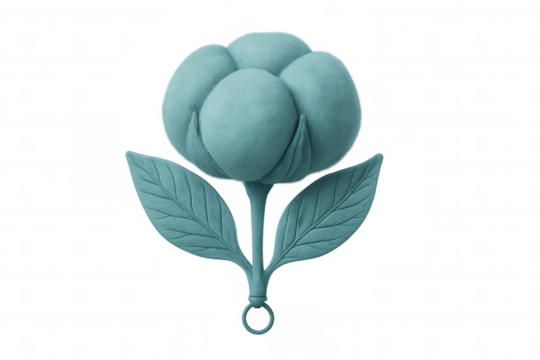 3d rendering of a turquoise cotton flower with leaves and a ring, isolated on a transparent background