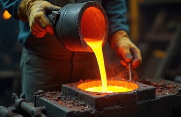 Worker in protective gloves pours glowing molten metal from crucible into mold. Intense heat, industrial foundry environment, precise craftsmanship in manufacturing process. Skilled labor shaping