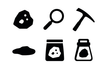 vector solid black filled icons Volcanologist (rock sample): rock fragment hand lens tool pick shadow smear highlight rim sample bag.