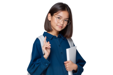 Happy, confident young schoolgirl with glasses pointing upwards and holding a book, isolated on transparent background