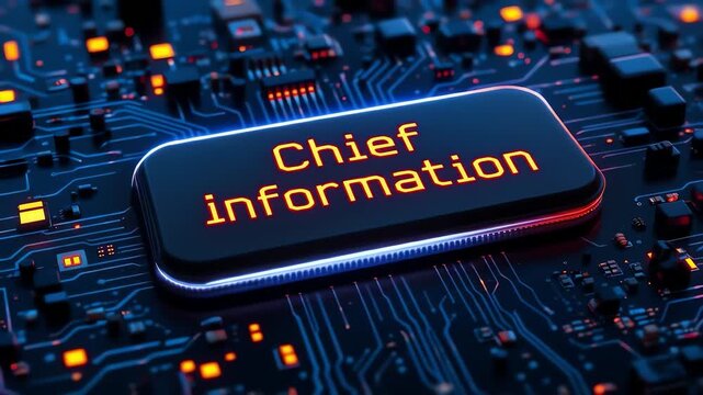 Futuristic chief information officer concept with glowing button and circuit board backdrop