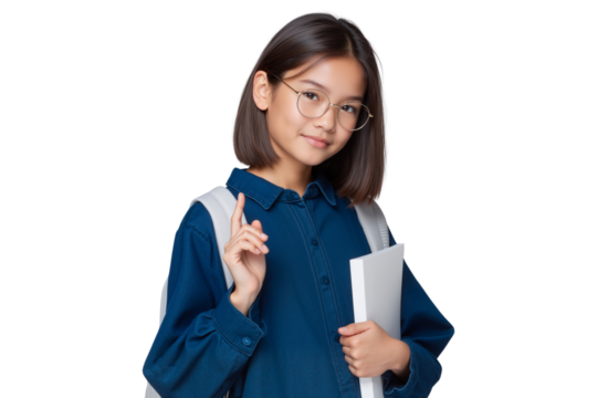 Happy, confident young schoolgirl with glasses pointing upwards and holding a book, isolated on transparent background