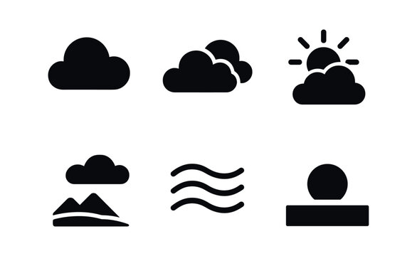 vector solid black filled icons changing skies (cloud drift): blue sky fluffy clouds sunlight beams meadow breeze open view.