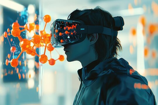 A person wearing a VR headset interacts with a 3D molecular model, exploring scientific visualization in virtual reality. - Powered by Adobe