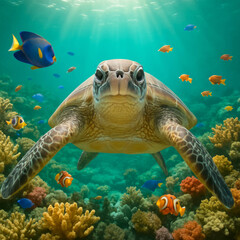 Obraz premium AI-Generated image of a sea turtle swimming head-on in clear turquoise waters, framed by vibrant coral reefs and surrounded by an array of tropical fish.