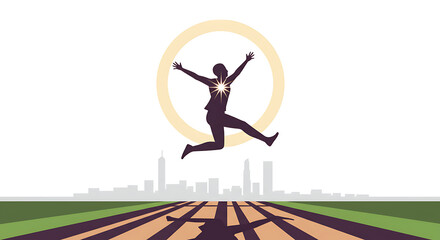 Joyful Person Leaping with Arms Raised Over Cityscape Silhouette, Symbolizing Freedom, Success, and Personal Achievement