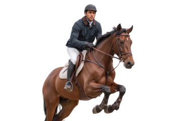 Skilled equestrian in helmet and riding attire show jumping a powerful brown horse over an obstacle, captured mid-air isolated on white background