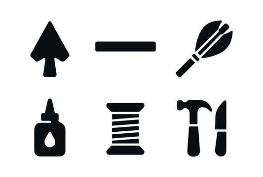 vector solid black filled icons fletcher (close up): arrowhead wooden shaft tied fletching glue marks thread hand tools.