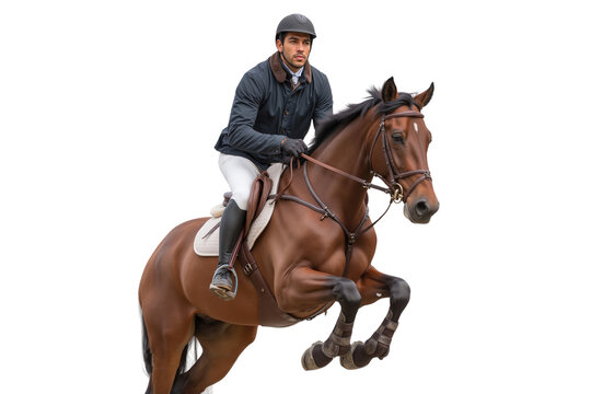 Skilled equestrian in helmet and riding attire show jumping a powerful brown horse over an obstacle, captured mid-air isolated on white background - Powered by Adobe