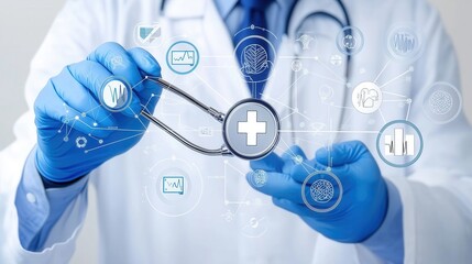 Doctor holding stethoscope with medical icons