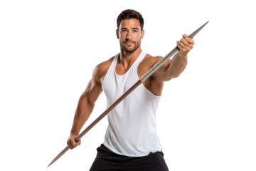 Confident athletic man holding a javelin, ready to throw