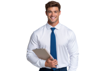 Happy, well-dressed smiling businessman in a white shirt and blue tie, holding a clipboard isolated on transparent background
