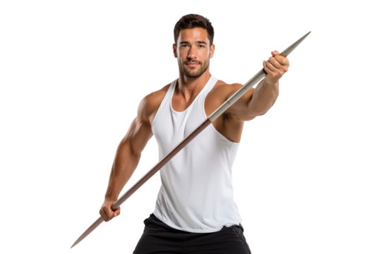 Confident athletic man holding a javelin, ready to throw