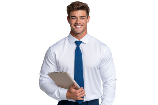 Happy, well-dressed smiling businessman in a white shirt and blue tie, holding a clipboard isolated on transparent background
