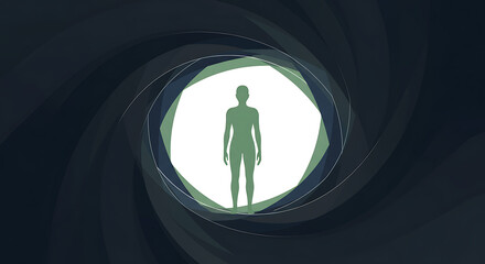Abstract Human Silhouette in Swirling Vortex Portal - Future Tech, Mental Health, and Wellness Journey