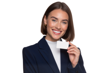 Cheerful businesswoman holding a blank card for text or branding, ideal for concepts of networking, business, and professionalism