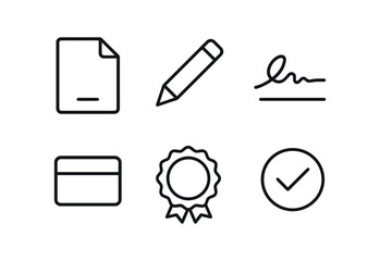 vector outline icons startup funding round (term sheet): document icon pencil tip signature line date box stamp badge checkmark.