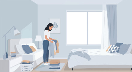 A flat illustration depicts a person diligently folding fresh laundry in a bright, clean, and minimalist bedroom, emphasizing a sense of calm domesticity.