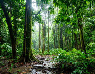 Obraz premium Dense tropical forest trees sunlight path verdant landscape natural environment