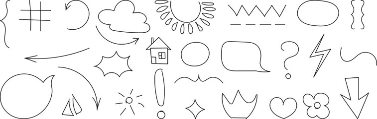 Pencil crayon line element set. Hand drawn scribble chalk pencil stroke colorful swirl, flowers, clouds and arrows shape. Children paint. Vector background illustration