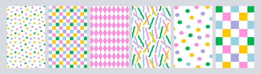 Seamless pattern set with pastel dot, checkered, diamond, and wavy streamers confetti. Soft abstract vector background perfect for wrapping paper, wallpaper, and cute fabric prints.