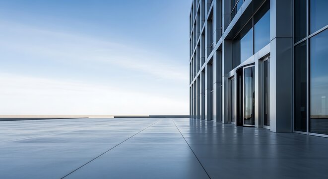 Exterior of a modern office building with a glass facade and an empty plaza under a clear blue sky.