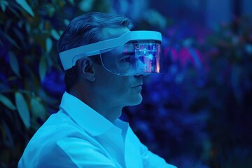 A man wearing futuristic smart glasses, viewing digital data overlayed onto his visual field.