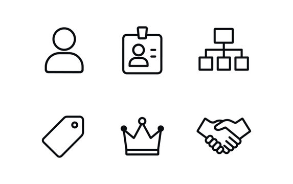 vector outline icons lead qualification checklist (decision maker): user silhouette badge icon hierarchy chart crown dot label tag handshake.