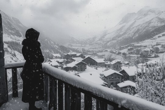 A lone figure bundled in a coat observes a snow-covered mountain village from a balcony during a snowfall.