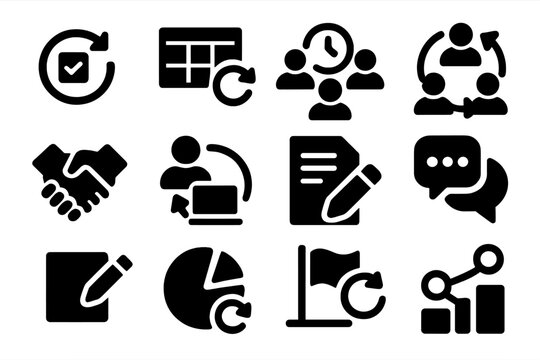 Project Update Icons. Solid style icons of team and project updates: task update icon, project board refresh, meeting schedule