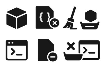 Package Management Icons. Solid style icons of package and dependency removal: pip uninstall command icon, node package delete,